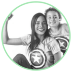 Icon for the Empowering Single Mothers Program - an image of a mother and child with their arms raised in a hurrah pose