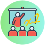 Icon for Dual & Concurrent classes - a stylized graphic of a teacher pointing to a white board in front of 3 students - basic line drawings